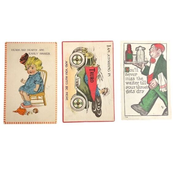 Vintage Whimsical Humor Postcard Set of 3 Stamped Lithographs 1900s - Picture 1 of 2